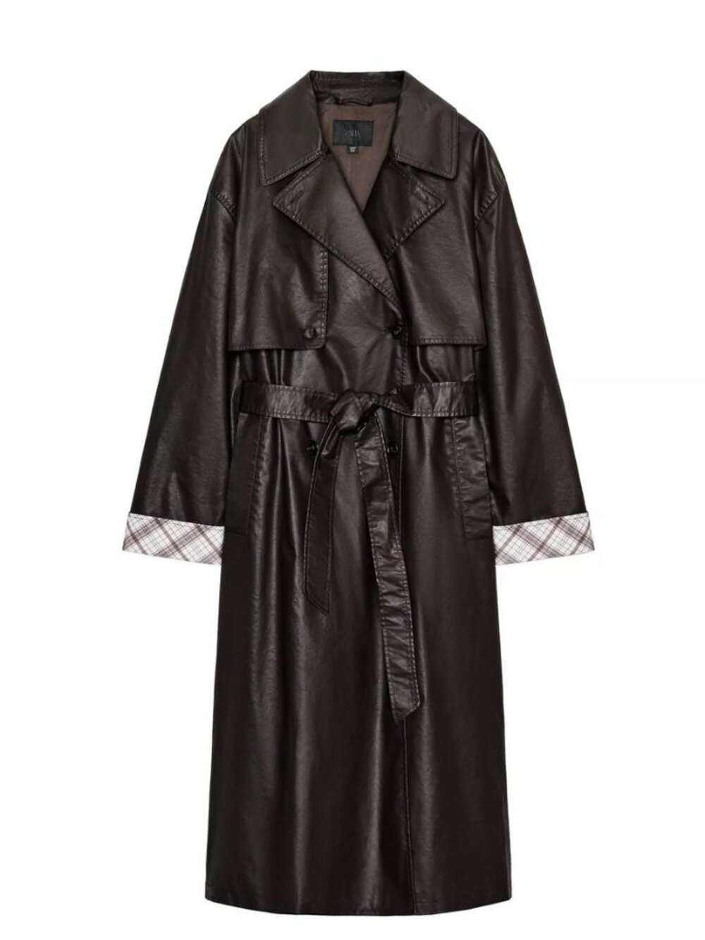 Zara Dark Brown Faux Leather Trench Coat with Tie Belt